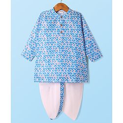 Babyhug Cotton Woven Full Sleeves Cambric Printed Dhoti Kurta Set - Light Blue