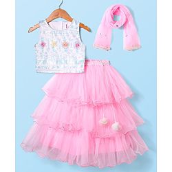 Babyhug Woven Sleeveless Embroidered Choli & Layered Lehenga with Dupatta & Sequin Detailing - Pink