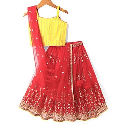 Babyhug Woven Sleeveless Net Sequinned Choli Lehenga Set with Dupatta - Red & Yellow