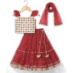 Babyhug Woven Sleeveless Choli Lehenge Set with Dupatta Sequin & Embroidery Design -Maroon