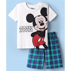 Babyhug Disney Single Jersey Knit Half Sleeves Shorts Night Suit With Mickey & Friends Graphic - White & Blue