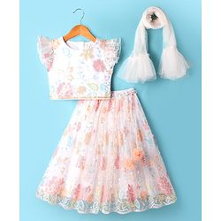 Babyhug Woven Frill Sleeves Sequenced Embroidered Lehenga Choli Set And Dupatta With Floral Print - White