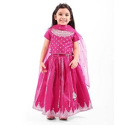Babyhug One Shoulder Sleeves Embellished Choli & Lehenga Set With Dupatta - Off White