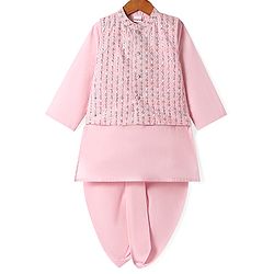 Babyhug Woven Full Sleeves Solid Dhoti Kurta Set with Sequin Embroidered Jacket - Pink