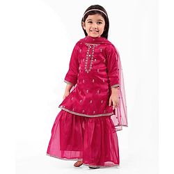 Babyhug Woven Three Fourth Sleeves Georgette Embroidered Kurti Gharara With Dupatta - Dark Pink