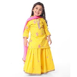 Babyhug Woven Three Fourth Sleeves Chanderi Embroidered Long Choli With Lehenga And Dupatta Set With Floral Embroidery - Yellow