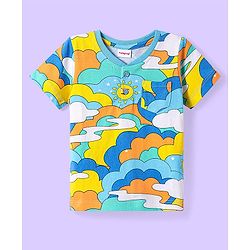 Babyhug Cotton Knit Half Sleeves Henley Neck T-Shirt with Cloud Print - Multicolor