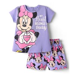Babyhug Disney Single Jersey Knit Half Sleeves Shorts Night Suit With Minnie Mouse Graphic - Purple