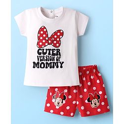 Babyhug Disney Single Jersey Knit Half Sleeves Shorts Night Suit with Minnie Mouse Graphics - Red & White