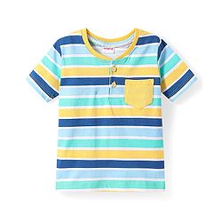 Babyhug Cotton Knit Half Sleeves Henley Neck T-Shirt With Stripes & Pocket - Yellow & Blue