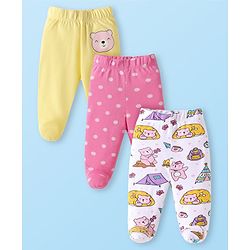 Babyhug Interlock Knit Bootie Leggings with Polka Dots & Bear Print Pack of 3 - Yellow White & Pink