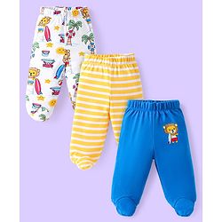 Babyhug Interlock Knit Bootie Leggings With Animal & Beach Theme Print Pack of 3 - Blue Yellow & White