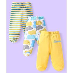 Babyhug Interlock Knit Bootie Leggings With Stripes & Elephant Print Pack of 3 - Yellow White & Blue