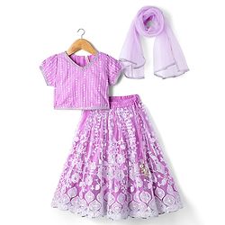 Babyhug Woven Half Sleeves Sequin Detailing Lehenga Choli & Dupatta Set With Floral Embroidery - Purple