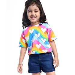 Babyhug Single Jersey Knit Half Sleeves Top & Short Set With Heart Print - Blue & Pink
