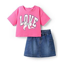 Babyhug Single Jersey Knit Half Sleeves Top & Denim Skirt Set With Love Print - Pink & Blue
