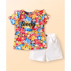 Babyhug Single Jersey Knit Half Sleeves Top & Denim Shorts Set with Floral Print & Frill Detailing - White