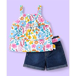 Babyhug Single Jersey Knit Sleeveless Top & Shorts Set with Floral Print - White & Blue