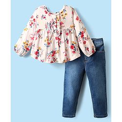 Babyhug Single Jersey Knit Full Sleeves Top & Denim Jeans Set With Floral Print - White & Blue