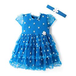 Babyhug Cotton Knit Half Sleeves Frock & Headband with Floral Embroidery - Blue