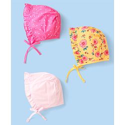 Babyhug Interlock Knit Caps With Polka Dot & Floral Print Pack of 3 - Dark Pink Yellow & Light Pink - Diameter 15cm