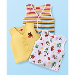 Babyhug 100% Cotton Woven Sleeveless Jhablas with Bear Print & Stripes Pack of 3 - Yellow & White