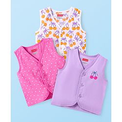 Babyhug Cotton Front Open Jhabla with Polka Dots & Fruits Pack of 3 - Plum