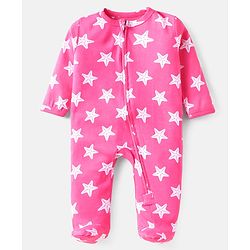 Babyhug Cotton Knit Full Sleeves Footed Sleep Suit With Star Print - Dark Pink