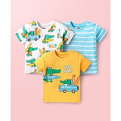 Babyhug Cotton Knit Half Sleeves T-Shirts with Stripes & Animal Print Pack of 3 - Light Blue & Yellow