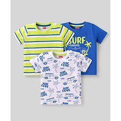 Babyhug Cotton Knit Half Sleeves T-Shirt with Stripes & Beach Theme Print Pack Of 3 - White Blue & Neon Green