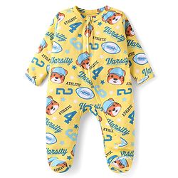 Babyhug Cotton Knit Full Sleeves Footed Sleepsuit with Animal Print - Yellow
