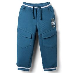 Babyhug Cotton Looper Knit Full Length Cut & Sew Lounge Pant with Text Print & Detailing - Teal Blue