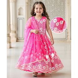 Babyhug Net Sleeveless Floral Sequin Designed Choli & Lehenga with Dupatta Set - Pink