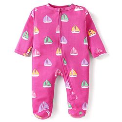 Babyhug Cotton Knit Full Sleeves Footed Sleep Suit With Boat Print - Dark Pink