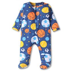 Babyhug Cotton Knit Full Sleeves Footed Sleepsuit with Basket Ball & Star Print - Navy Blue