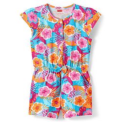 Babyhug Cotton Knit Sleeveless Jumpsuit with Floral Print & Bow Applique - Pink & Orange