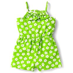 Babyhug Cotton Knit Sleeves Jumpsuit with Floral Print & Bow Applique - Light Green