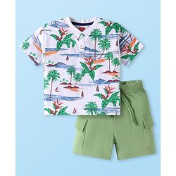 Babyhug Single Jersey Knit Half Sleeves Henley Neck T-Shirt & Shorts Set with Beach Theme Print - Olive Green & White