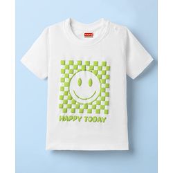 Babyhug Cotton Knit Half Sleeves T-Shirt with Smiley Puff Print - Light Green & White