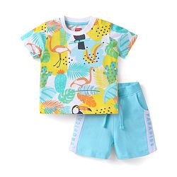 Babyhug Single Jersey Knit Half Sleeves T-Shirt & Shorts Set with Tropical Theme Print - Yellow & Light Blue