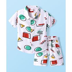 Babyhug Viscose Twill Half Sleeves Co-ords Shirt & Shorts Set with Geometric Shapes Print - White