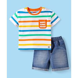 Babyhug Single Jersey Knit Half Sleeves Striped T-Shirt & Denim Shorts Set with Text Print - Blue & White
