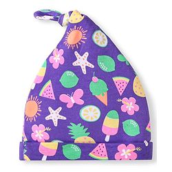 Babyhug 100% Cotton Knit Cap With Ice Cream & Fruit Print Purple - Diameter 10cm