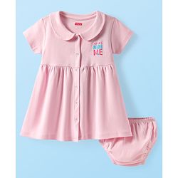 Babyhug Cotton Knit Half Sleeves Front Open Peter Pan Collared Frock with Bloomer & Text Print - Pink