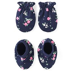 Babyhug 100% Cotton Knit Mittens & Booties with Floral Print - Navy Blue