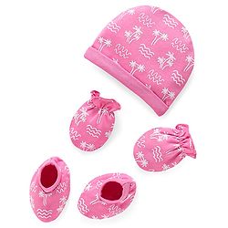 Babyhug 100% Cotton Cap Mittens And Booties Beach Theme Printed Pink - Diameter 15
