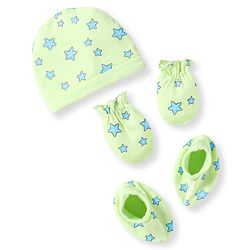 Babyhug 100% Cotton Knit Cap Mittens & Booties With Star Print Light Green - Diameter 10cm