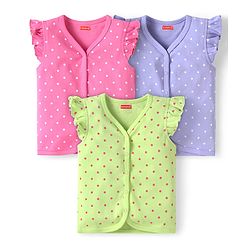 Babyhug 100% Cotton Interlock Knit Frill Sleeves Front Open Vests with Polka Dots Print Pack of 3 - Pink Lilac & Light Green
