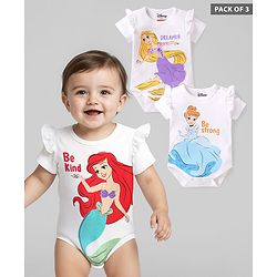 Babyhug Disney Interlock Knit Half Sleeves Onesies with Frill Detailing & Disney Princess Graphics Pack of 3 - White