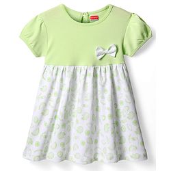 Babyhug Single Jersey Knit Half Sleeves Dress With Fruit Print & Bow Applique - Light Green & White
